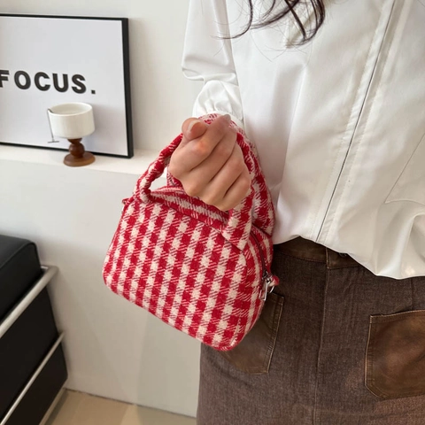 Geruite Tweed Handtas Vrouwen Retro Houndstooth Schoudertas Met Kerst Pluche Hond Hanger Winter Casual Mini Tote