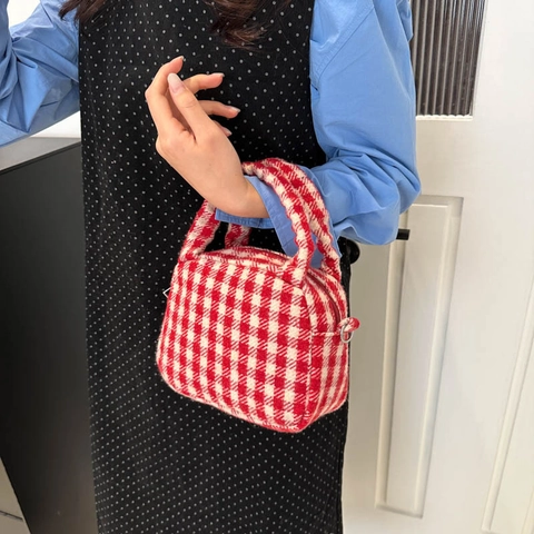 Geruite Tweed Handtas Vrouwen Retro Houndstooth Schoudertas Met Kerst Pluche Hond Hanger Winter Casual Mini Tote
