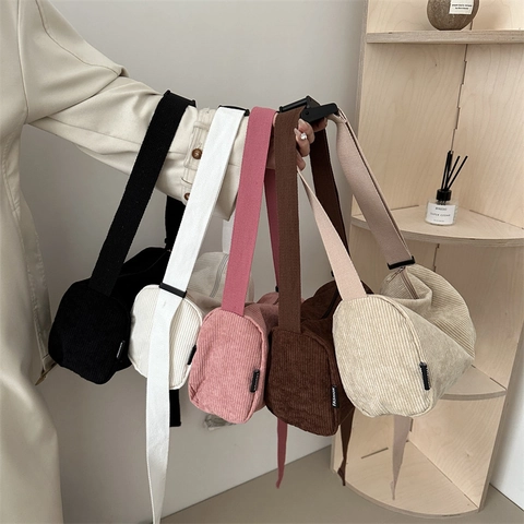 Women Corduroy Crossbody Bag Large Capacity Solid Color Casual Tote With Wide Adjustable Strap Zipper Closure