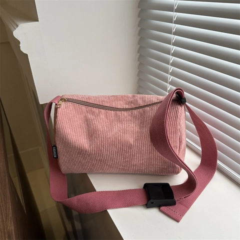 Women Corduroy Crossbody Bag Large Capacity Solid Color Casual Tote With Wide Adjustable Strap Zipper Closure