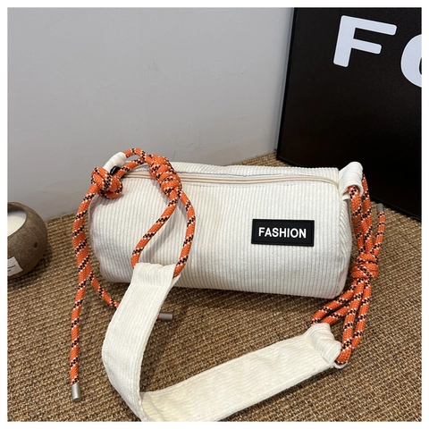 Corduroy Cylinder Crossbody Bag For Women Fashion Patch Solid Color Rope Strap Casual Urban Shoulder Purse