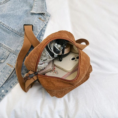Vintage Corduroy Crossbody Bag Solid Color Small Shoulder Bag With Braided Zipper Pull Adjustable Strap Casual Purse