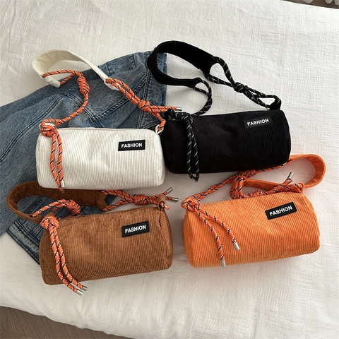 Corduroy Cylindrical Crossbody Bag Women Retro Barrel Shoulder Bag With Braided Rope Strap Casual Solid Color