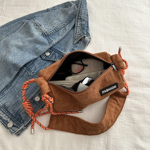 Corduroy Cylindrical Crossbody Bag Women Retro Barrel Shoulder Bag With Braided Rope Strap Casual Solid Color