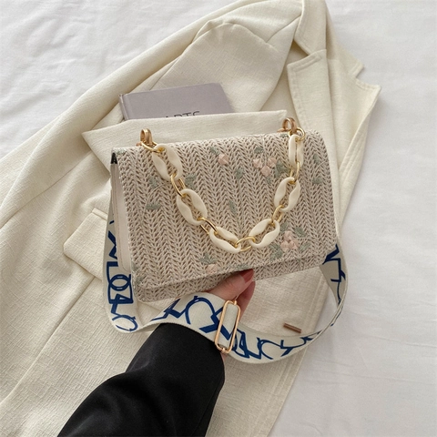 Floral Embroidery Woven Crossbody Bag With Chunky Resin Chain And Wide Patterned Strap Retro Mini Shoulder Bag For Women