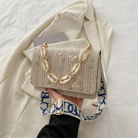 Floral Embroidery Woven Crossbody Bag With Chunky Resin Chain And Wide Patterned Strap Retro Mini Shoulder Bag For Women