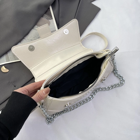 Women Retro Crinkle PU Leather Crossbody Bag With Silver Chain Large Metal Buckle Niche Design Shoulder Underarm Handbag