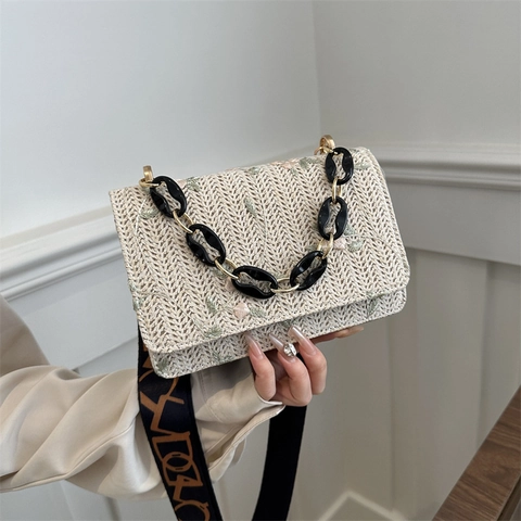 Women Floral Embroidery Straw Shoulder Bag Bohemian Small Square Crossbody Bag With Wide Patterned Strap Fashion Vacation Handbag