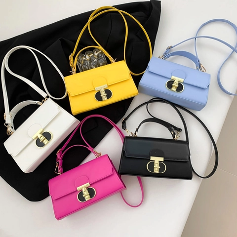 Women PU Leather Crossbody Bag Metal Lock Buckle Small Square Handbag With Top Handle Adjustable Strap Daily Casual