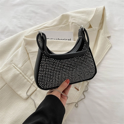 Damen Strass Halbmond Hobo Tasche PU Leder Funkelnde Schicke Kette Schultertasche Modische Trendige Handtasche Party
