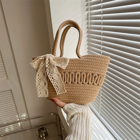 Borsa a Mano Intrecciata Casual da Donna Con Fiocco di Pizzo Borsa di Paglia in Stile Francese Borsa a Secchiello da Spiaggia Estiva Per Uso Quotidiano