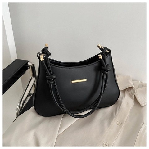 Women Underarm Bag PU Leather Crescent Shape Knotted Shoulder Strap Gold Metal Bar Decoration Trendy Simple Minimalist