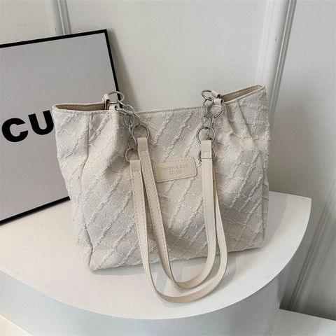 Ruime Shopper Tas Met Textuur Geweven Stof Schoudertas Met Zilveren Ketting Stijlvol Dagelijks Voor Dames