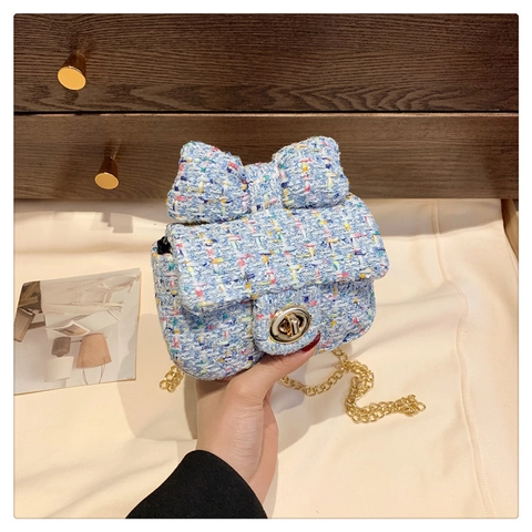 Mini Tweed Crossbody Bag For Girls Women Elegant Bow Decor Metal Chain Shoulder Bag Stylish Turn Lock Flap Purse