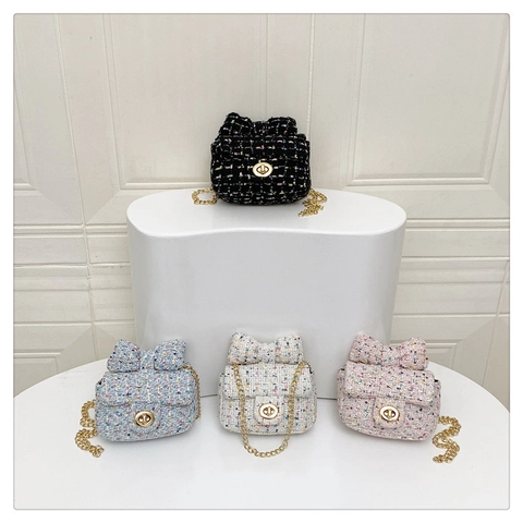 Mini Tweed Crossbody Bag For Girls Women Elegant Bow Decor Metal Chain Shoulder Bag Stylish Turn Lock Flap Purse