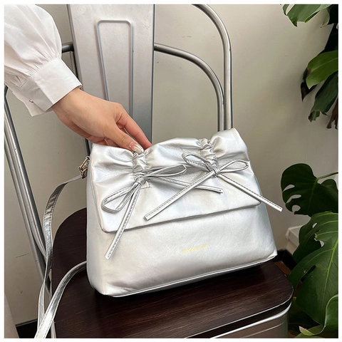 Bolso de Hombro Plisado con Lazo para Mujer Cuero PU Suave Gran Capacidad Bolso Tote Moda para Uso Diario