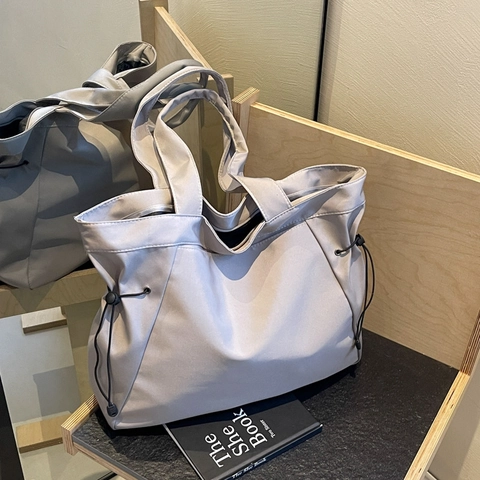 Women Large Capacity Nylon Tote Bag Minimalist Solid Color Side Drawstring Shoulder Handbag For Daily Commute Travel