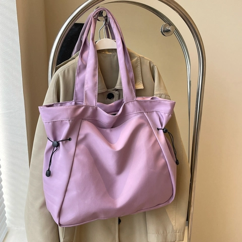 Women Large Capacity Nylon Tote Bag Minimalist Solid Color Side Drawstring Shoulder Handbag For Daily Commute Travel