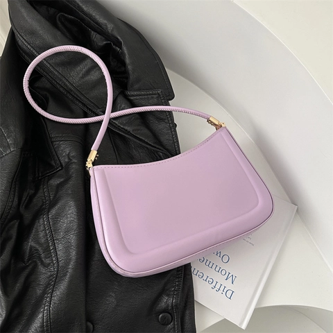 Minimalist PU Leather Underarm Bag For Women Solid Color Baguette Bag With Gold Hardware Daily Shoulder Strap Bag