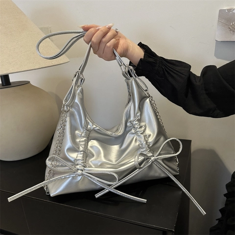 Dames Schoudertas Met Plooien En Strik PU Leer Hobo Chic Metallic Y2K Esthetisch Minimalistisch Trendy Handtas
