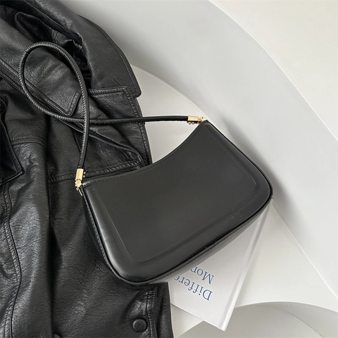 Minimalist PU Leather Underarm Bag For Women Solid Color Baguette Bag With Gold Hardware Daily Shoulder Strap Bag