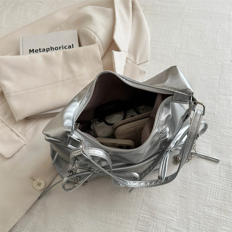 Dames Schoudertas Met Plooien En Strik PU Leer Hobo Chic Metallic Y2K Esthetisch Minimalistisch Trendy Handtas