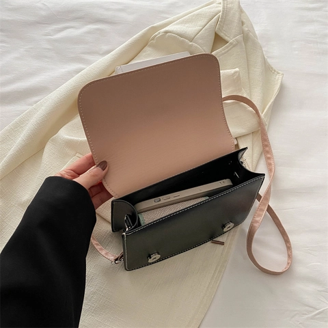Bolso Bandolera Para Mujer Cuero PU Color Contraste Decoración Lazo Metal Bolso Cuadrado Pequeño Correa Ajustable