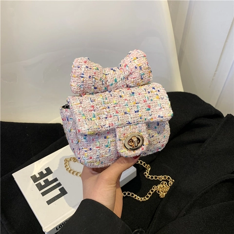 Mini Tweed Crossbody Bag With Bow Decor And Gold Chain Strap Square Small Shoulder Purse For Women