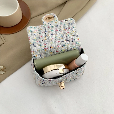 Mini Tweed Crossbody Bag With Bow Decor And Gold Chain Strap Square Small Shoulder Purse For Women