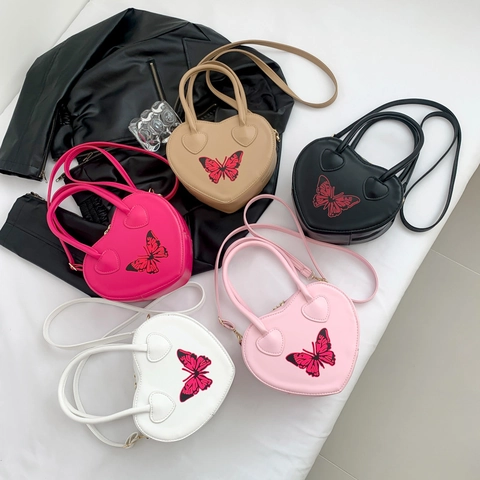 Damen Herzform Tasche PU Leder Umhängetasche Mit Schmetterling Druck Vintage Handtasche Verstellbarer Schultergurt