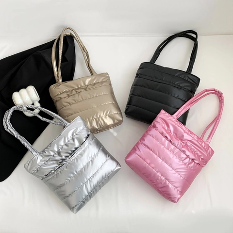 Metallic Quilted Puffer Tote Bag Large Capacity Glossy Padded Shoulder Handbag For Women Fashion Chic Streetwear