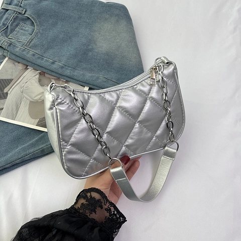 Women Quilted Underarm Bag PU Leather Rhombic Stitching Vintage Baguette Shoulder Bag With Silver Chain Solid Color