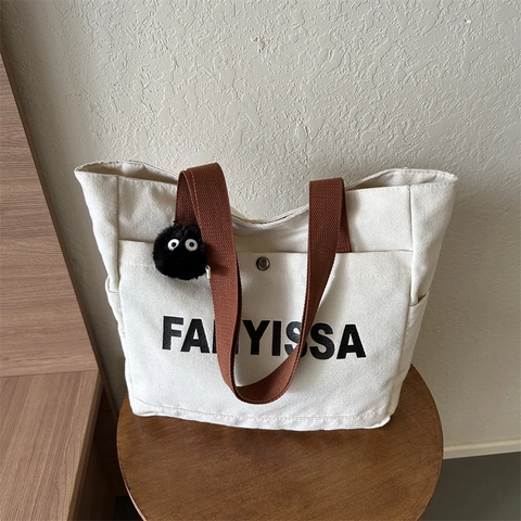 Bolso Tote De Lona Para Mujer Gran Capacidad Estampado De Letras Bolso De Hombro Casual Estilo Simple