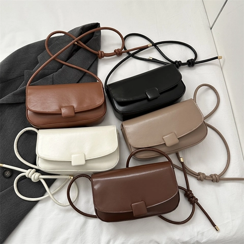 Women Crossbody Bag PU Leather Retro Minimalist Shoulder Bag With Knot Strap Flap Square Buckle Fashion Casual Handbag