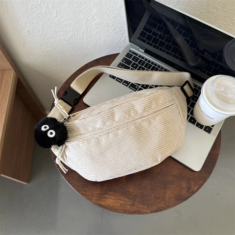 Riñonera De Pana Para Mujer Casual Retro Color Sólido Bolso De Pecho Cruzado Correa Ajustable Forma De Media Luna