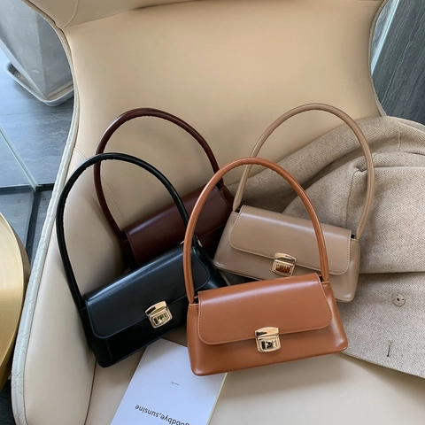 Vintage Baguette Shoulder Bag For Women Minimalist PU Leather Small Square Handbag With Gold Metal Lock