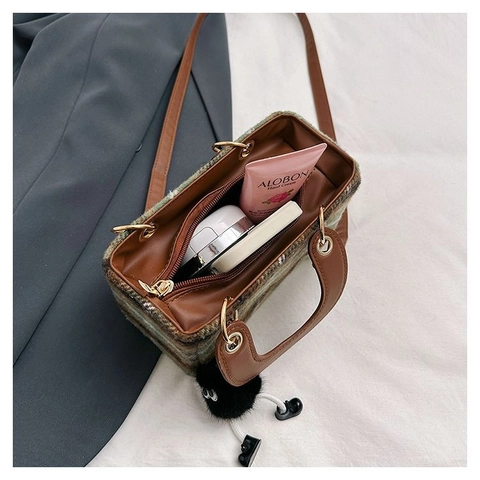 Borsa Tracolla Vintage Lana Scozzese Manico Pelle PU Tracolla Staccabile Ciondolo Peluche Piccola Borsa Mano Quadrata Donna