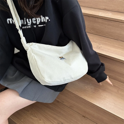 Corduroy Crossbody Bag For Women With Cartoon Bear Patch Adjustable Strap Casual Japanese Style Dumpling Shoulder Bag