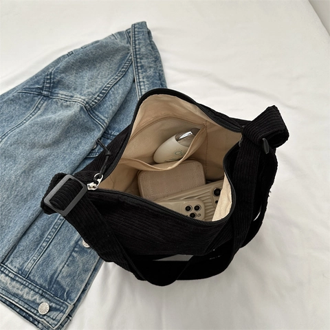 Corduroy Crossbody Bag For Women With Cartoon Bear Patch Adjustable Strap Casual Japanese Style Dumpling Shoulder Bag