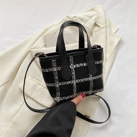 Geruite Tweed Mini Draagtas Met PU Leren Bies En Verstelbare Schouderriem Vintage Elegante Crossbody Handtas Voor Dames