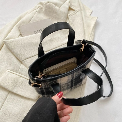 Geruite Tweed Mini Draagtas Met PU Leren Bies En Verstelbare Schouderriem Vintage Elegante Crossbody Handtas Voor Dames
