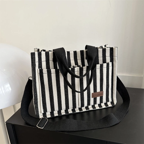 Grote Gestreepte Canvas Tote Bag Met Afneembare Schouderriem En Voorzakken Casual Veelzijdige Handtas