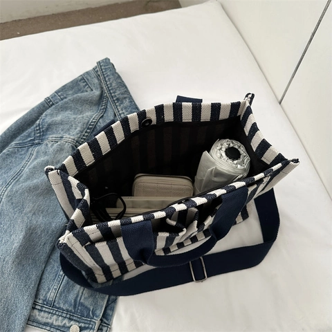 Grote Gestreepte Canvas Tote Bag Met Afneembare Schouderriem En Voorzakken Casual Veelzijdige Handtas