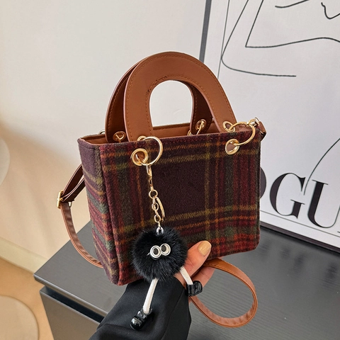Borsa Tracolla Vintage Lana Scozzese Manico Pelle PU Tracolla Staccabile Ciondolo Peluche Piccola Borsa Mano Quadrata Donna
