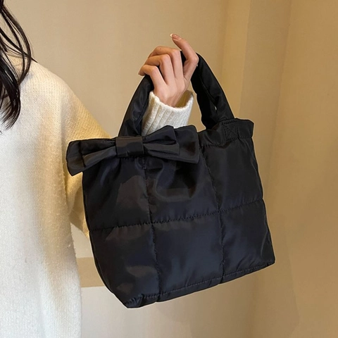 Gesteppte Puffer-Einkaufstasche Mit Schleifendekor Nylon Gepolsterte Schulter- Und Umhängetasche Für Damen