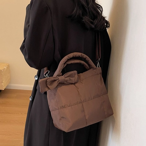 Gesteppte Puffer-Einkaufstasche Mit Schleifendekor Nylon Gepolsterte Schulter- Und Umhängetasche Für Damen
