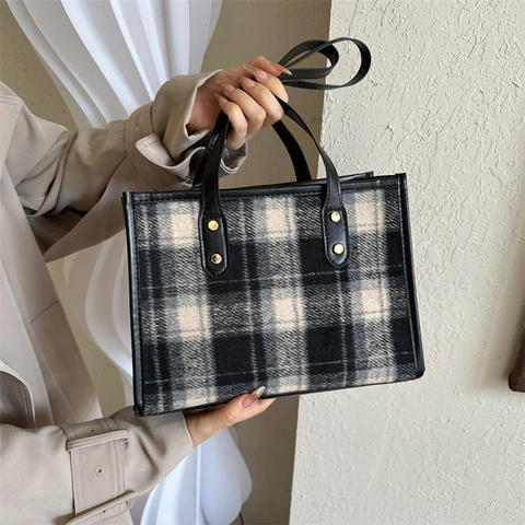 Bolso Tote A Cuadros Mujer Tela Lana Gran Capacidad Bolso Hombro Vintage Oficina Estilo Retro Con Remaches Elegante