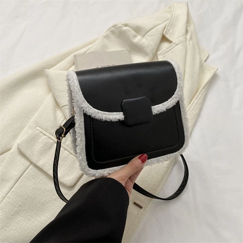 Borsa Tracolla Donna Pelle PU Bordo Pelliccia Sintetica Chic Piccola Borsa Quadrata Patta Moda Inverno Quotidiana