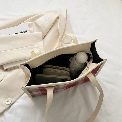 Bolso Tote A Cuadros Mujer Tela Lana Gran Capacidad Bolso Hombro Vintage Oficina Estilo Retro Con Remaches Elegante