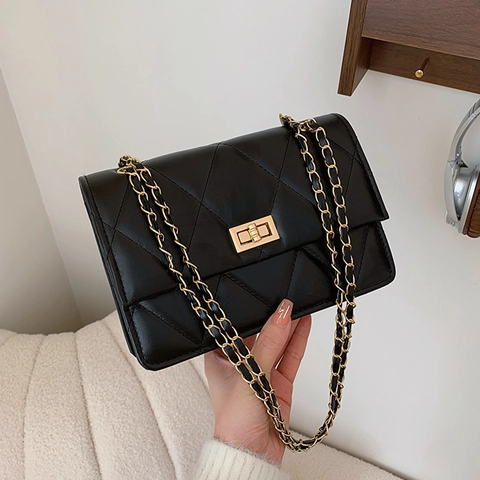Gewatteerde Schoudertas PU Leer Crossbody Handtas Met Kettingriem Metalen Draaisluiting Vintage Elegant Voor Dames